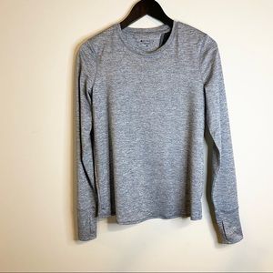 ATHLETA LONG SLEEVE GREY OPEN SLIT BACK WOMENS SHIRT SIZE M THUMBHOLES SEMI FIT